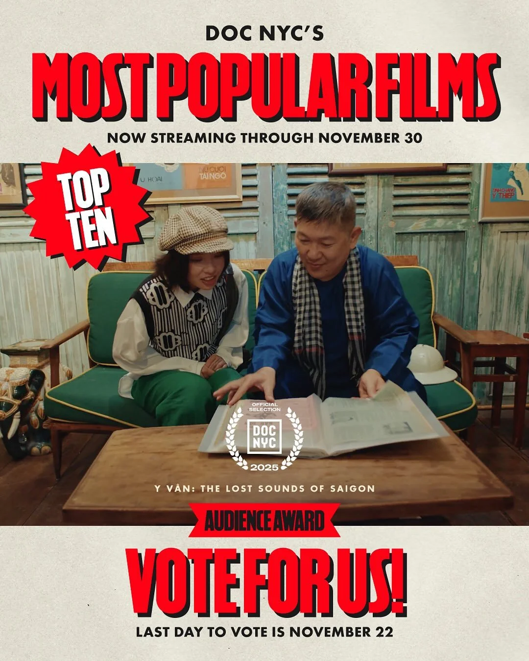🚨🚨🚨TOP 10!🔔🔔🔔
We&rsquo;re now in @docnycfest&rsquo;s top ten most popular films. Help us win the Audience Award by streaming online and vote!!! 
*LAST DAY TO VOTE IS NOVEMBER 22 at 11.59PM ET.
🙏🙏🙏✨✨✨

#yvanfilm #docnyc2025