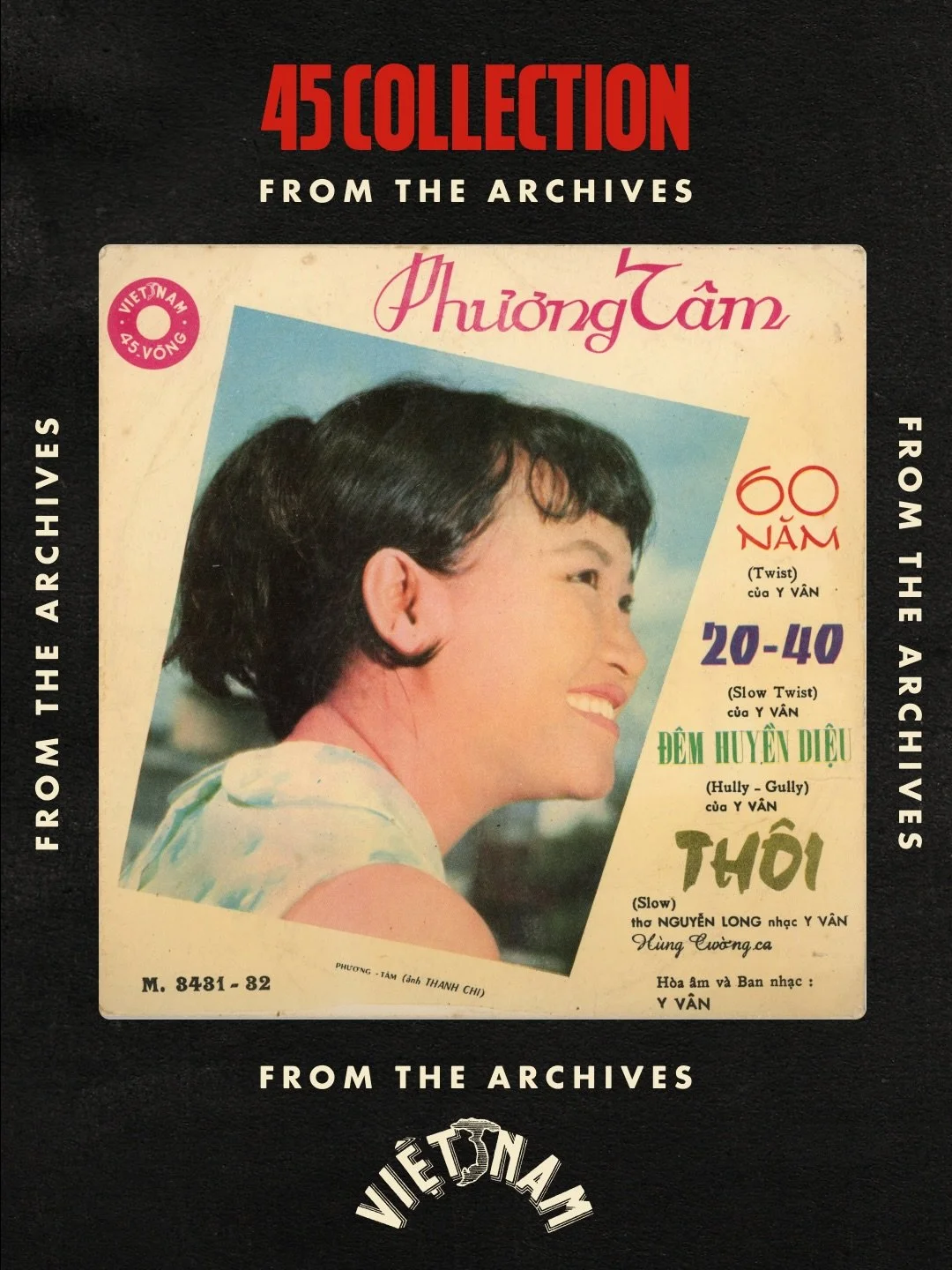 As the Twist swept across the world in the 1960s, its rhythms found a home in Saigon. Released on the Việt Nam label, this 45rpm record features pioneering female rock vocalist Phương T&acirc;m, performing three famed Y V&acirc;n compositions: &ldquo