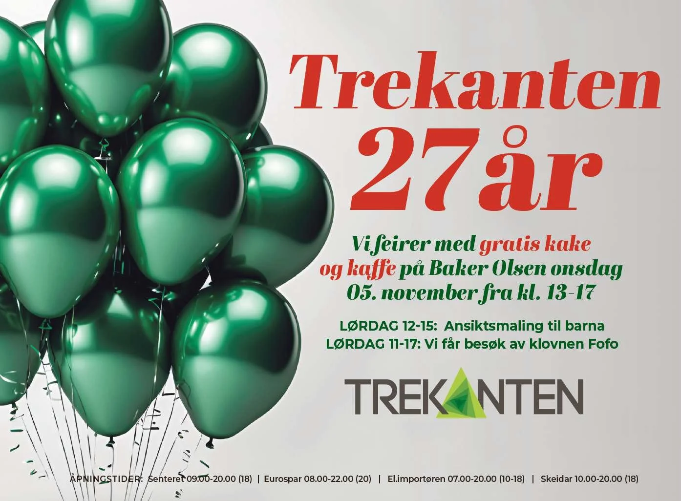 ✨ Det er jubileumsuke! ✨
Trekanten fyller 27 &aring;r &ndash; og DU er invitert til feiring! 🎈

Denne uka feirer vi bursdag &ndash; og p&aring; onsdag 05. november kl. 13&ndash;17 byr vi p&aring; GRATIS kaffe og kake hos @baker_olsen 🍰☕️

I tillegg