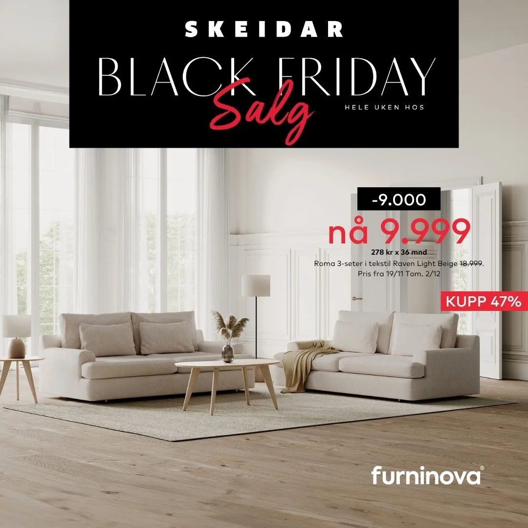 🖤N&aring; finner du helt ville Black Week-tilbud hos Skeidar &ndash; alt fra sofaer og stoler til senger og interi&oslash;r!🖤

N&aring; kan du skaffe deg:
🛋️ Lekre sofaer fra 9.999,-
🛏️ Kvalitetssenger til r&aring; priser
🪑 Behagelige hvilestole