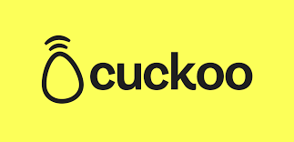 Logo for Cuckoo with a yellow background, showing a stylized cuckoo clock icon above the word 'cuckoo' in black font.