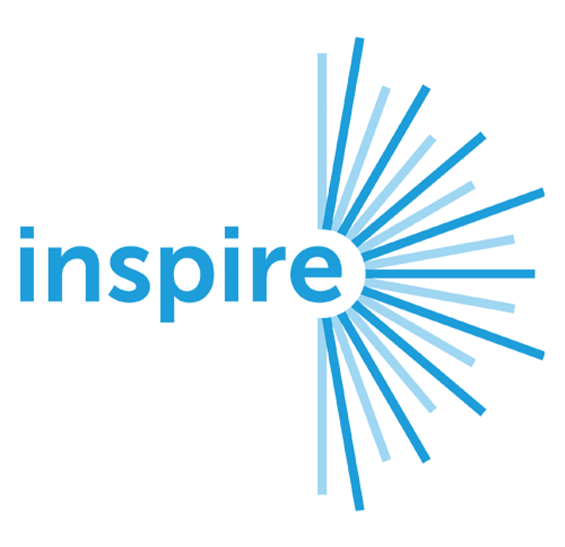 The word "inspire" in blue text with radiating blue lines on a white background.