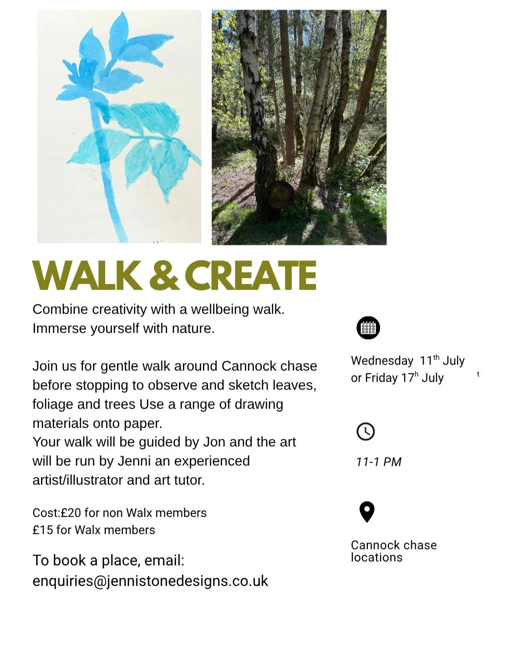 I have collaborated with Jon a walk leader from Walx on the chase to combine a short wellbeing walk to then sit and sketch and paint the nature around us for just over an hour. Then make our way back to our starting place. Details are on the walx web