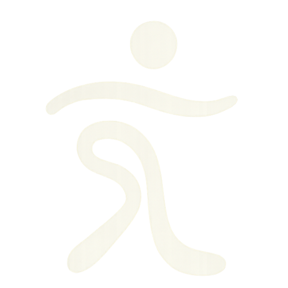 Simple white abstract human figure with circular head, curved arm, and bent leg on a black background.