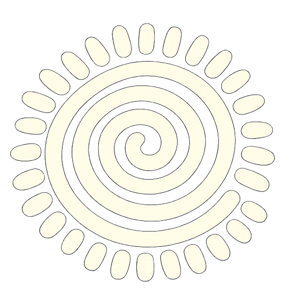 A black and white graphic of a spiral sun with rays around it.