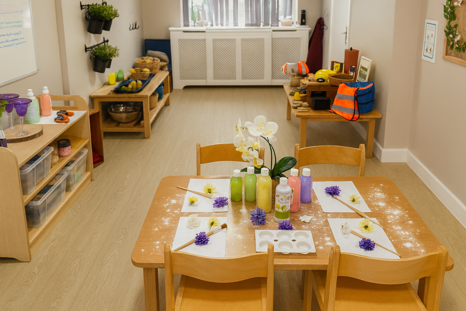A classroom setup for an arts and crafts activity with a wooden table, paper, flowers, bottles of paint, brushes, and a flower in the center. Surrounding the table are wooden chairs, and the background features shelves with supplies, a white radiator cover, and various art materials.