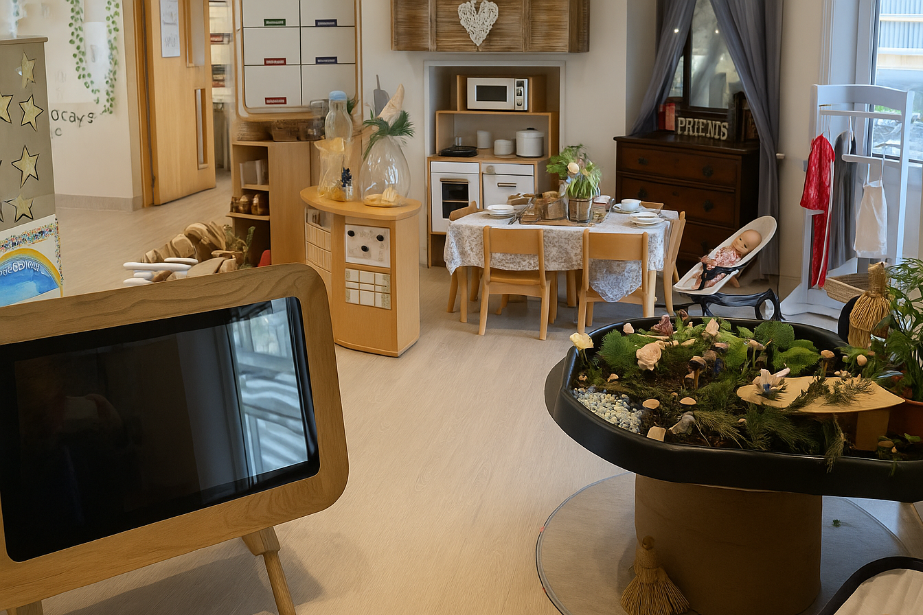 A cozy, well-decorated room with a round table set for a meal, a diaper changing station with a doll, a play area with a miniature landscape, and a television with a wooden frame in a nursery or daycare setting.