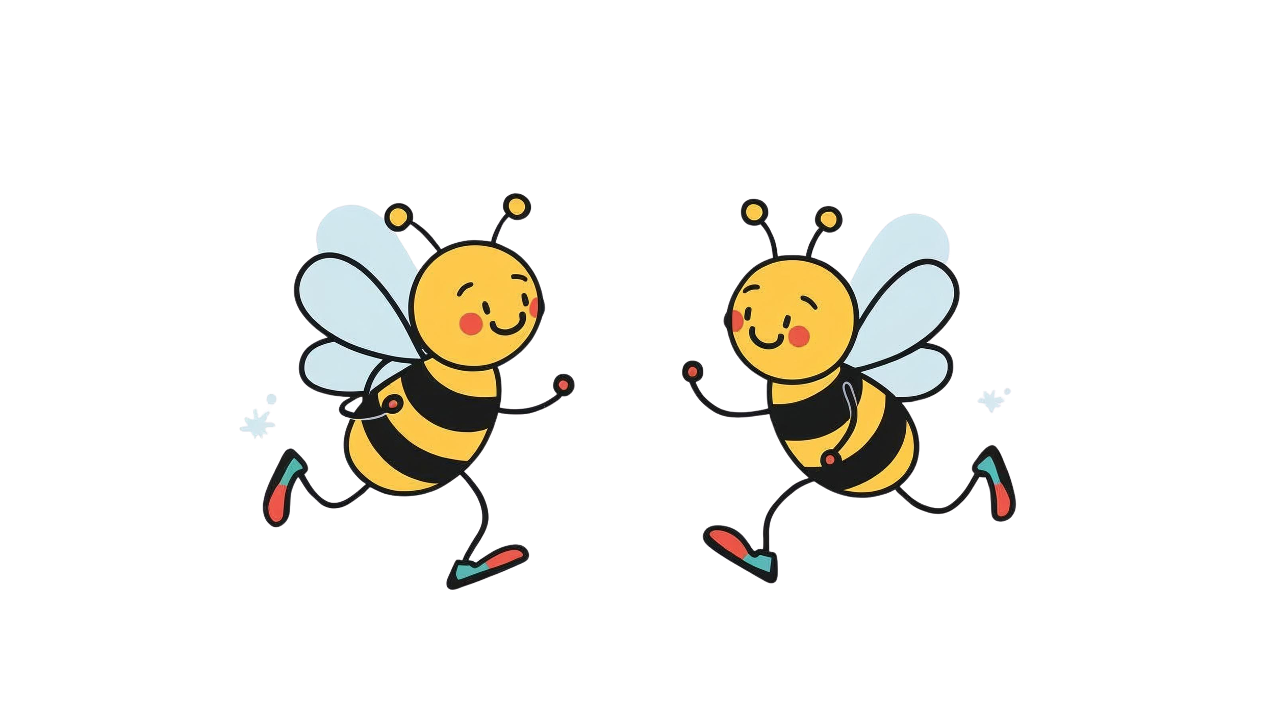 Two cartoon bees with smiling faces, yellow bodies with black stripes, and blue wings holding hands and running together.