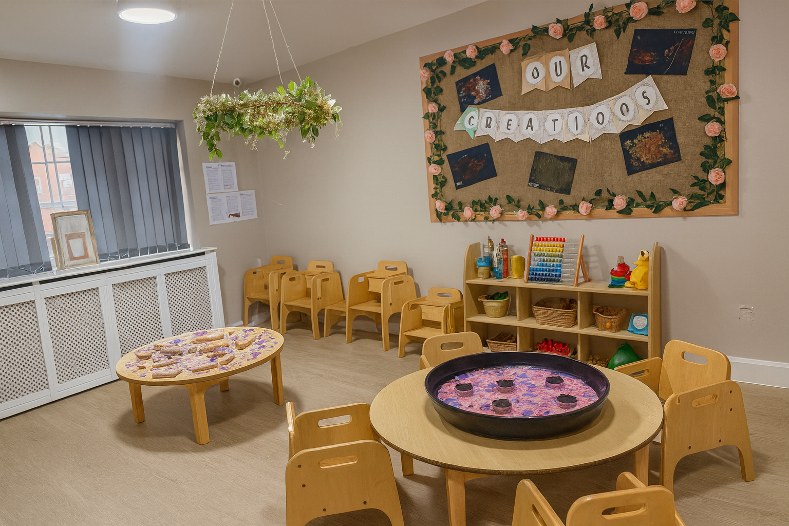 A children's classroom with wooden chairs and tables, a bulletin board that says "Our Creatios" decorated with pink flowers, and shelves with art supplies and toys.