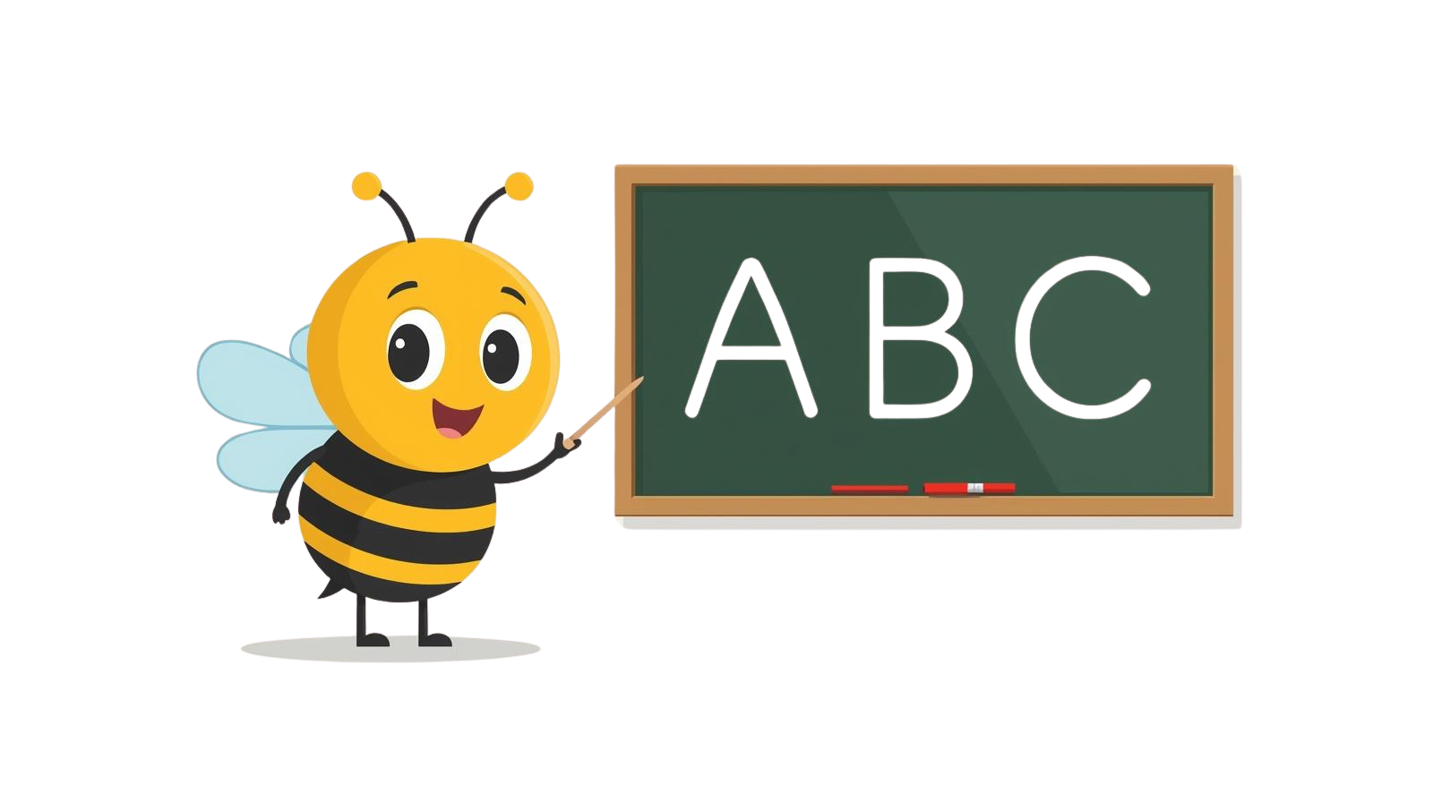 A cartoon bee character with blue wings and black and yellow stripes standing next to a chalkboard with the letters 'ABC' written on it.