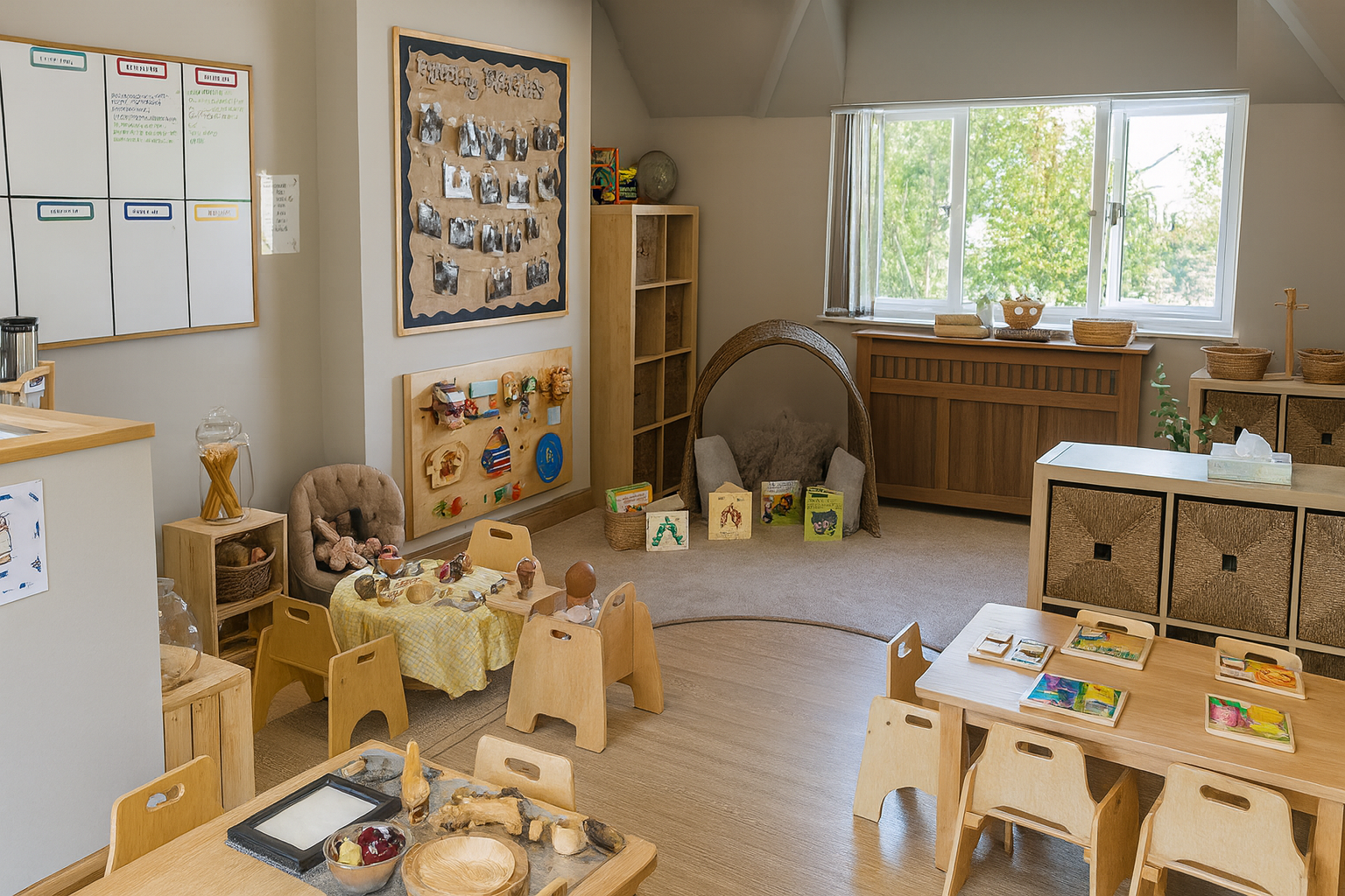 A cozy classroom with wooden furniture, books, and toys, large window with green trees outside, and educational posters on the walls.