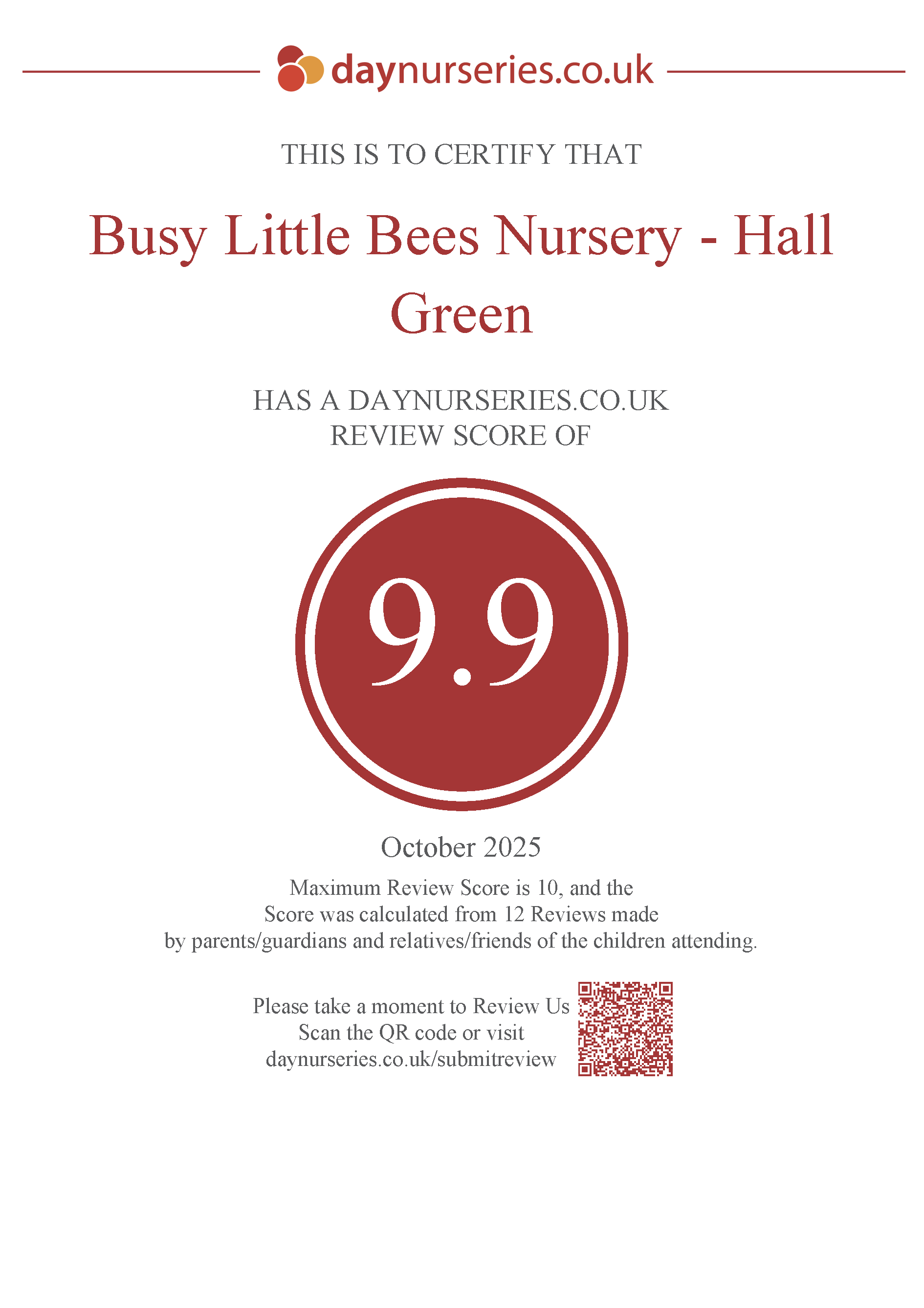 Certificate from daynurseries.co.uk awarding a review score of 9.9 in October 2025 for Busy Little Bees Nursery - Hall Green.