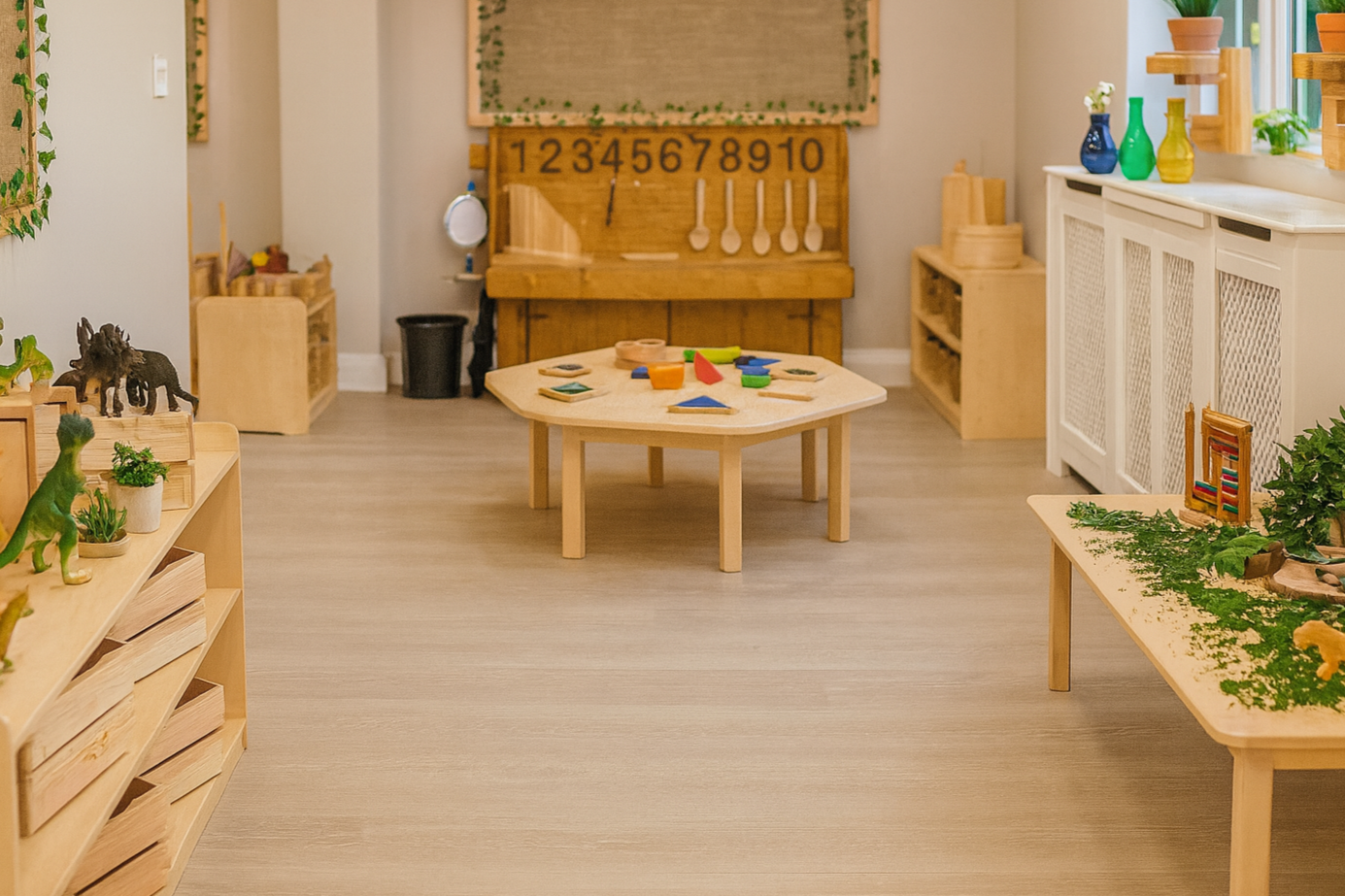A classroom with light wood furniture, including tables and shelves, decorated with plants, toys, and educational materials, illuminated by natural light from windows.