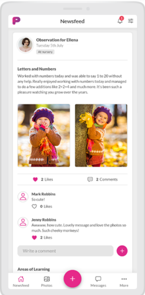 Mobile phone screen displaying a social media feed with posts, likes, comments, and profile pictures.