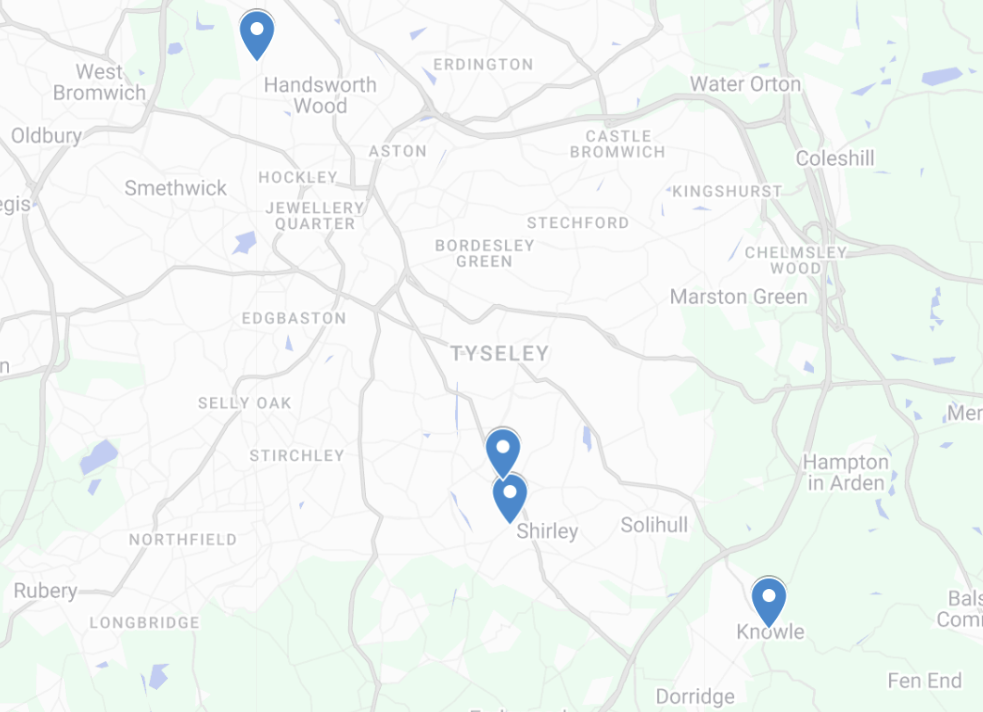 Map showing three locations marked with blue pins in the Shirley and Knowle areas of Birmingham, England.