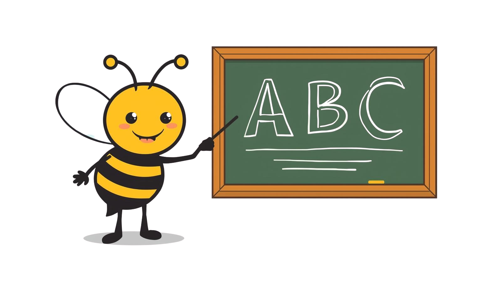 A cartoon bee character pointing at a chalkboard with the letters A, B, and C written on it.