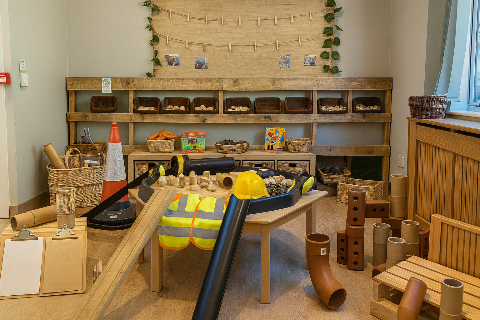 A classroom with toy construction tools and materials, including a traffic cone, a yellow safety helmet, pipe pieces, wooden blocks, and baskets, set up for imaginative play.