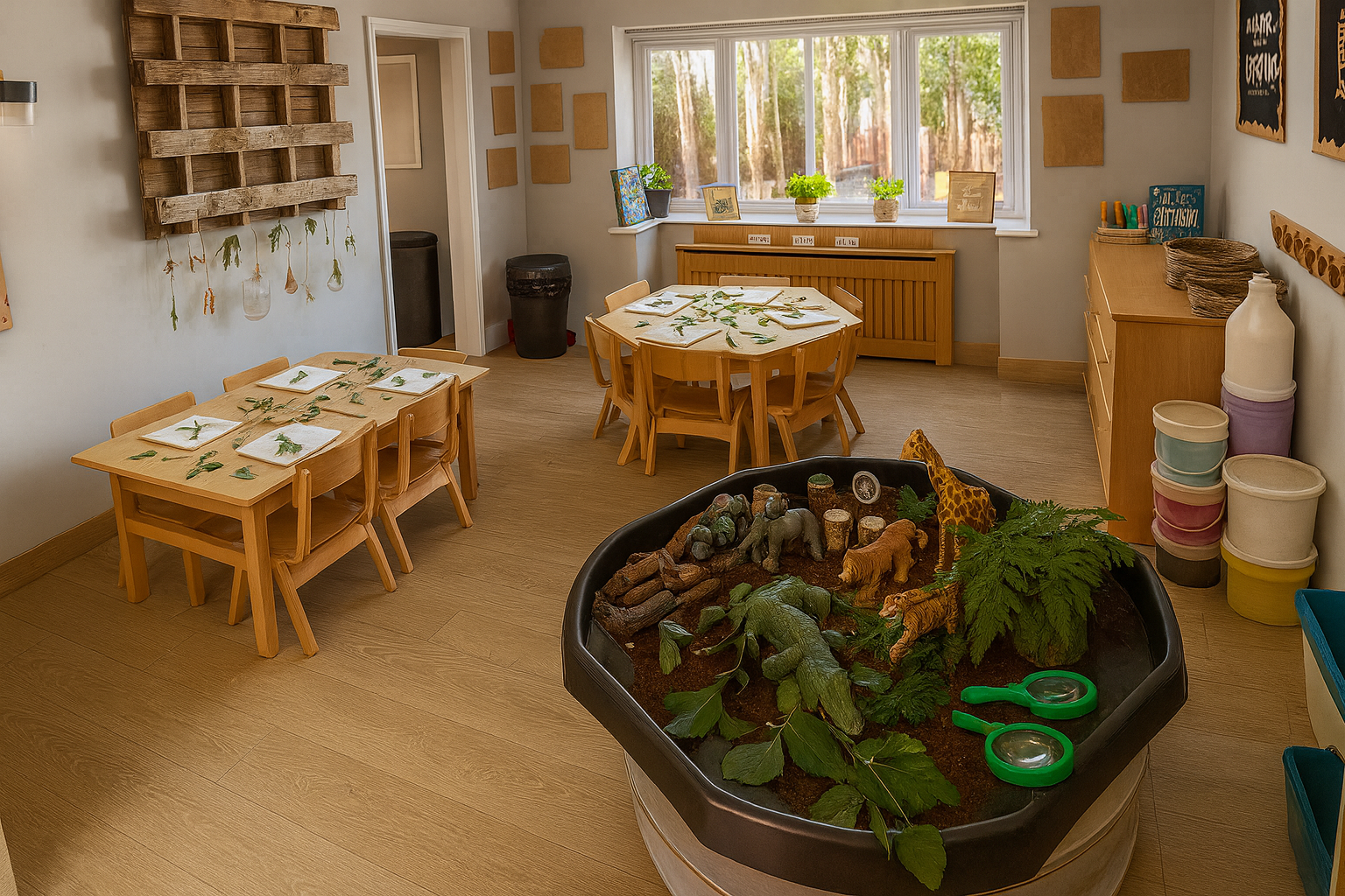 A classroom with wooden tables and chairs decorated with leaves, a living room with a window and potted plants, and a centerpiece with animal figurines and greenery resembling a miniature jungle.