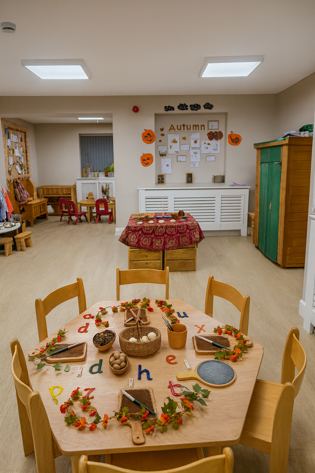 A decorated classroom with a round table set for an activity, featuring autumn-themed decorations, colorful letters, and natural materials like acorns and leaves.