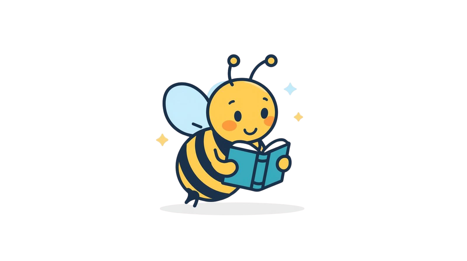 A cute cartoon bee with a round yellow face, big eyes, rosy cheeks, and small antennae, holding an open book and reading, surrounded by sparkles.
