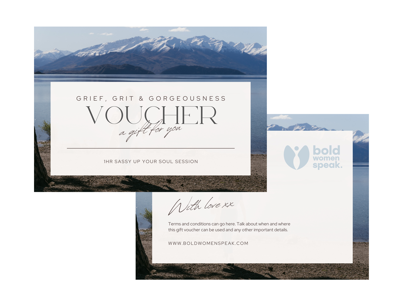 Gift voucher for a one-hour soul session titled 'Grief, Grit & Gorgeousness' from bold women speak, featuring a lakeside scene with mountains in the background and trees on the shore.