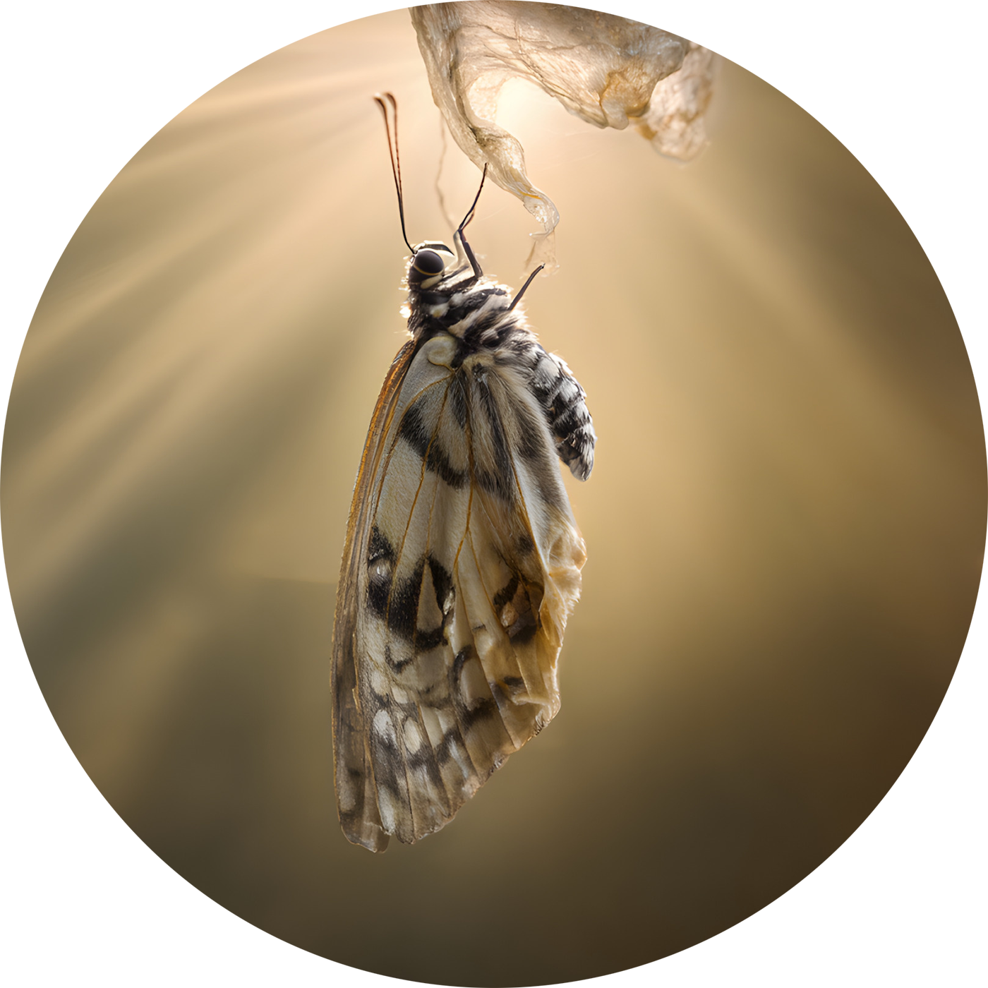 Close-up of a butterfly emerging from a chrysalis.