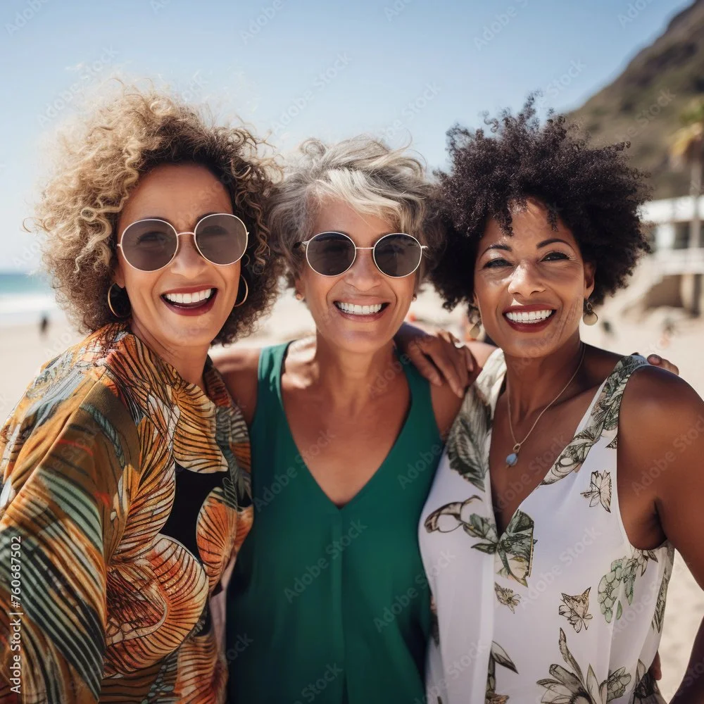 Three women smiling and standing close together on a sunny beach, wearing sunglasses and summer dresses.