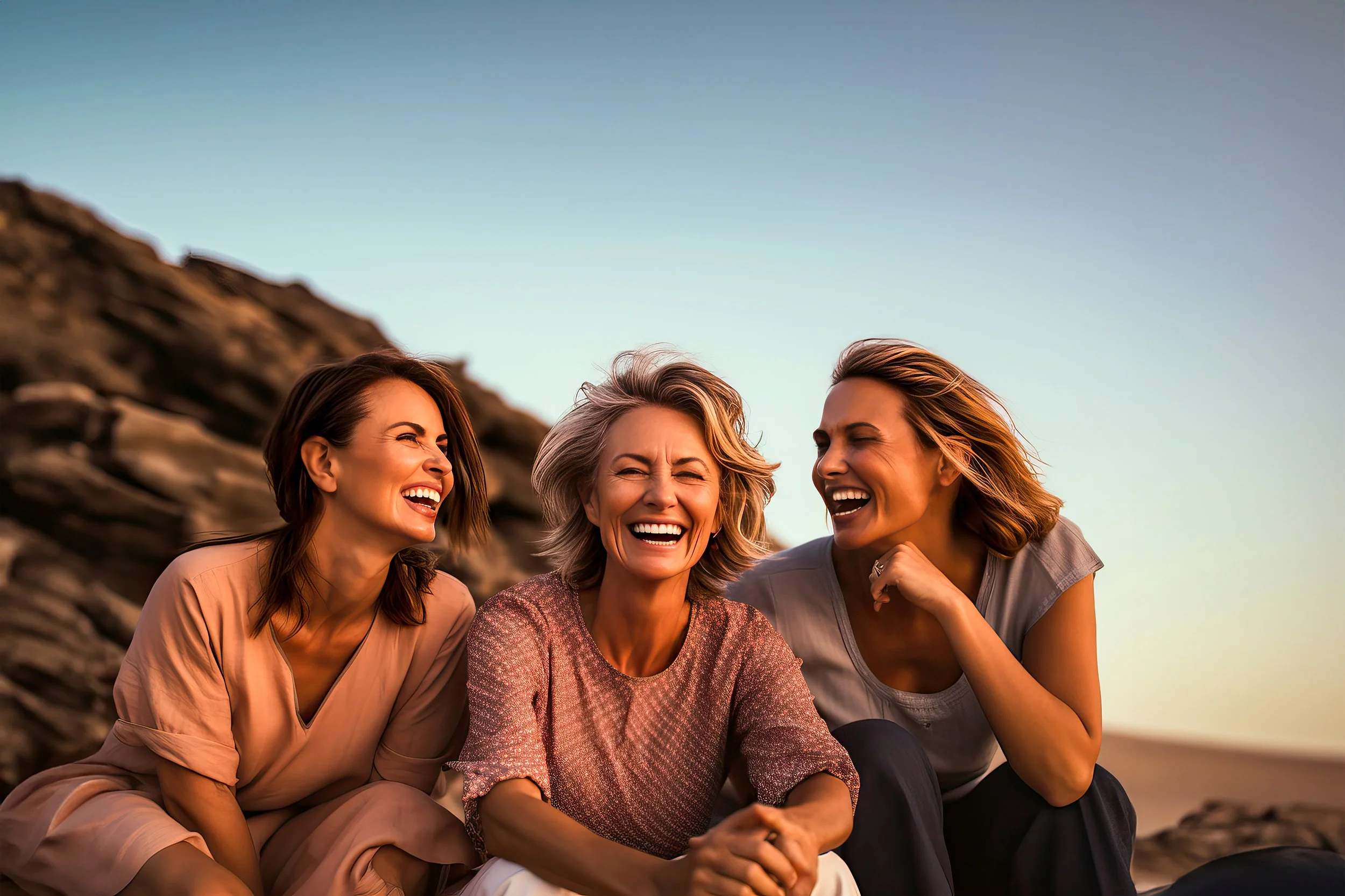 Three women laughing and enjoying time outdoors near rocks at sunset.
