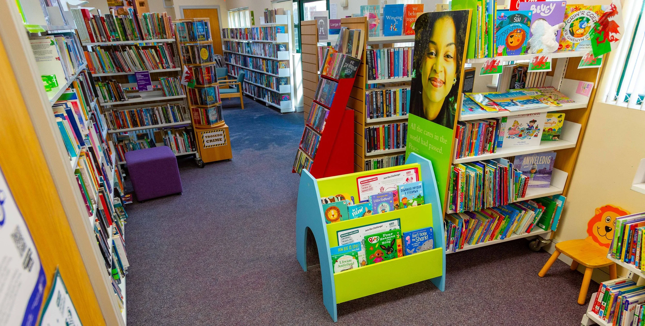 Children's section of a library with shelves filled with colorful books, a display rack with children's books, and a small orange lion-themed chair on the right side.