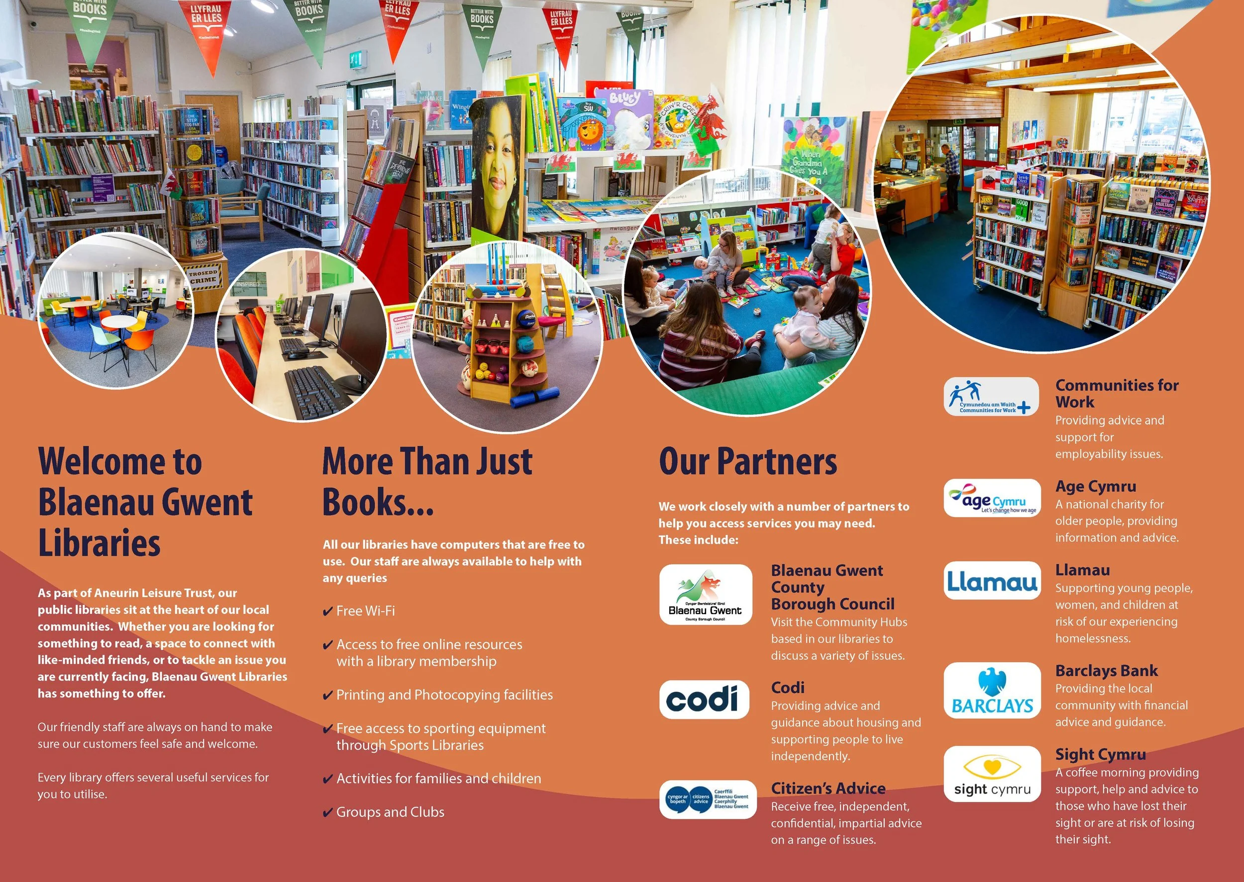 A colorful brochure for Blaneau Gwent Libraries showing various library services, including computer access, children's activities, community partnerships, and local support organizations.