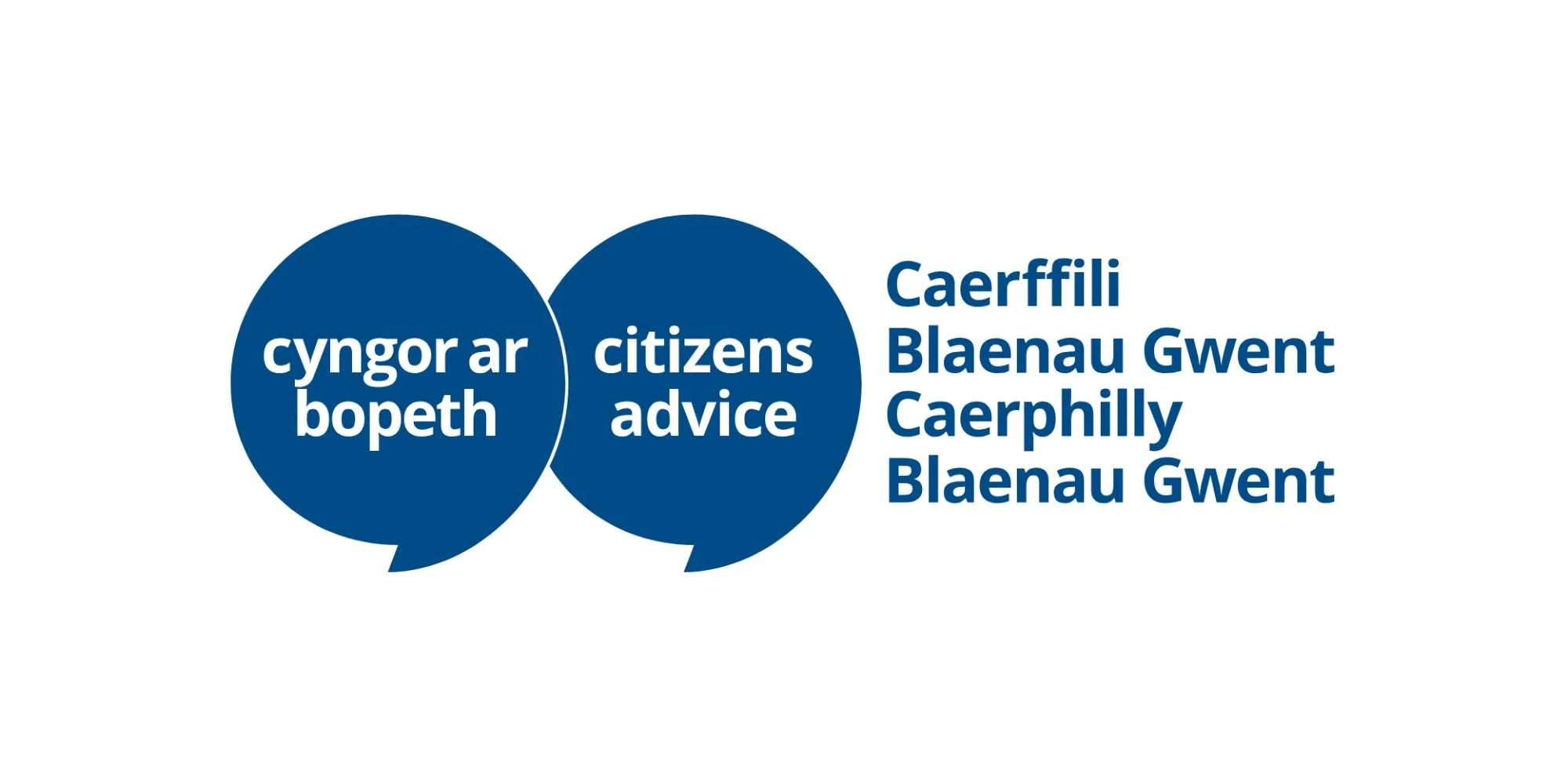 Speech bubbles with Welsh text and English translations. The first speech bubble says "cyngor ar bopeth" which means "citizens advice." The second bubble says "Caerffili Blaenau Gwent Caerphilly Blaenau Gwent." The speech bubbles are dark blue on a white background.