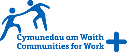 Logo with two stylized human figures reaching out to each other, one extending a hand to the other, with text 'Gwyneddau am Waith Communities for Work' and a plus sign.