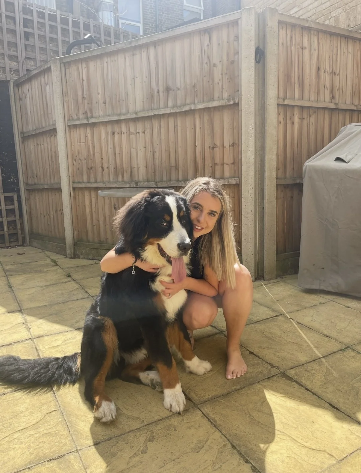 A woman with long blonde hair crouching next to a large Bernese Mountain Dog outdoors on a paved patio, with a wooden fence in the background.