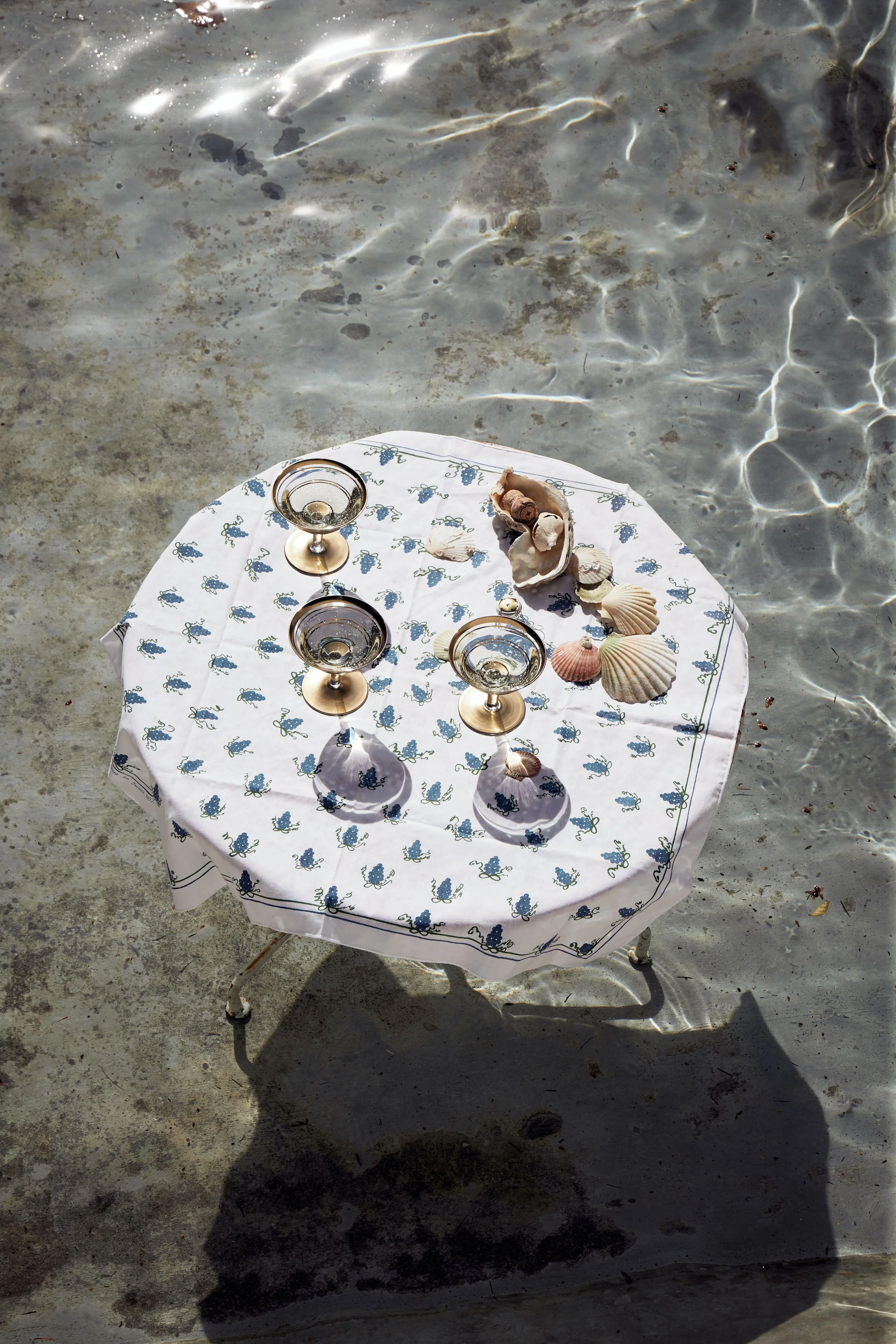 Tafeltje met schelpen en glaswerk, geplaatst op een tafelkleed met druivenpatroon, bij het water.