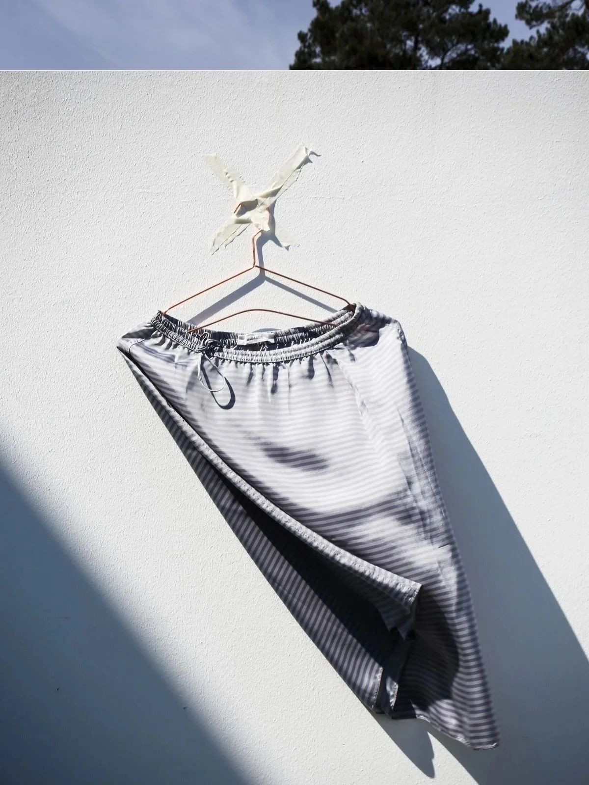 Een paar zwemshorts hangt aan een kapotte kleerhanger die aan een witte muur is bevestigd. De achtergrond toont een blauwe lucht met wat bomen.