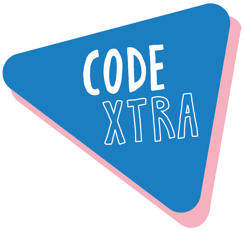 Triangular sign with blue background, pink border, and white text that says 'CODE XTRA'.