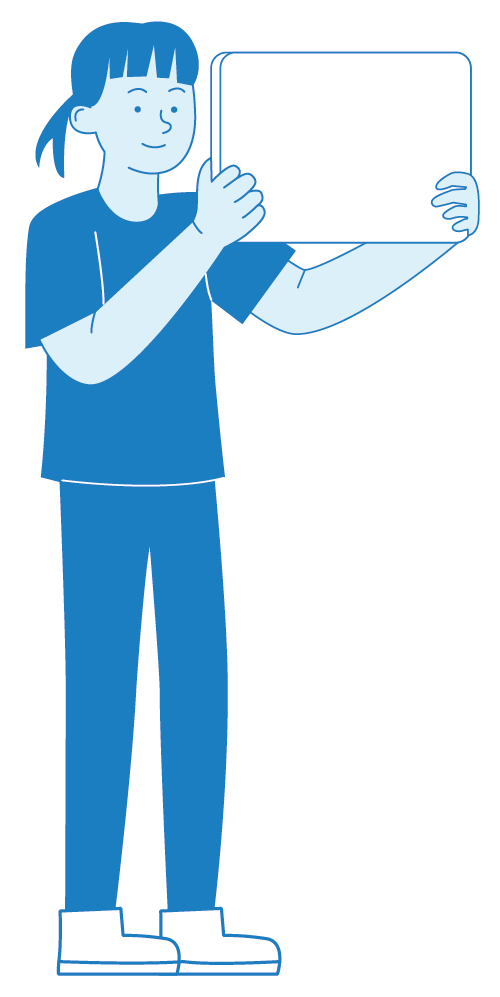 Cartoon girl with blue hair holding a blank rectangular sign.