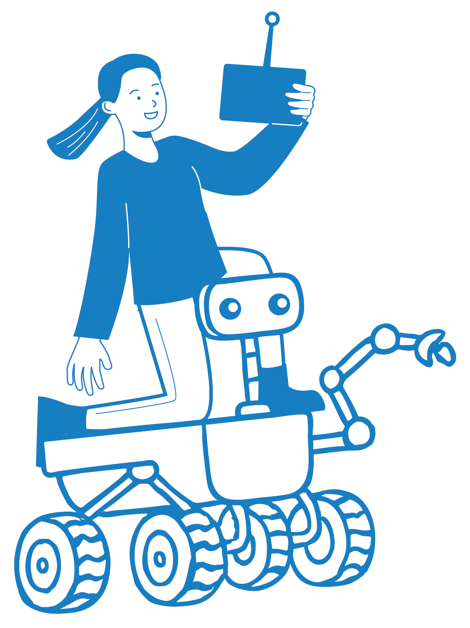 An illustration of a girl with long hair holding a remote control in one hand while riding a small robotic vehicle with large wheels.