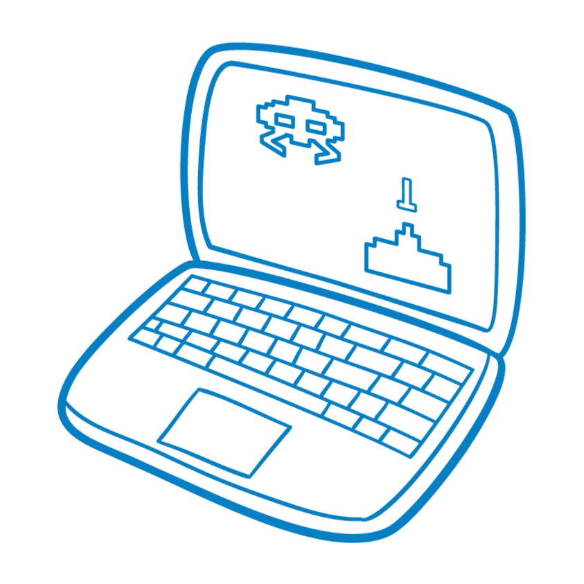 Line drawing of a laptop with a game screen on the display and a keyboard.