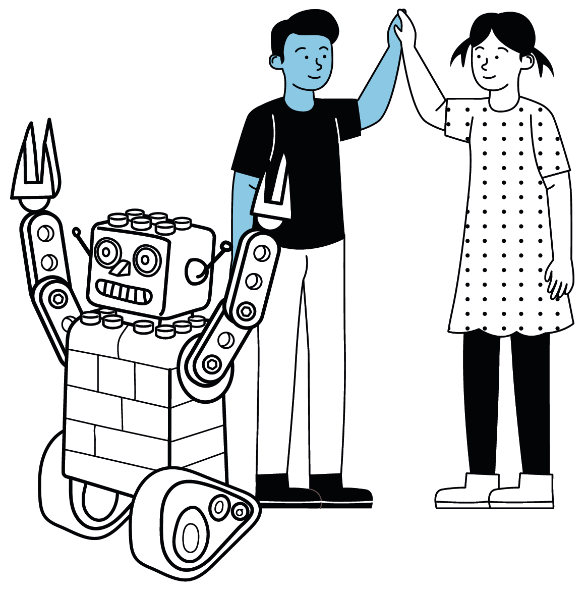 A boy and girl high five while their robot friend, who is constructed from LEGO bricks, celebrates next to them.