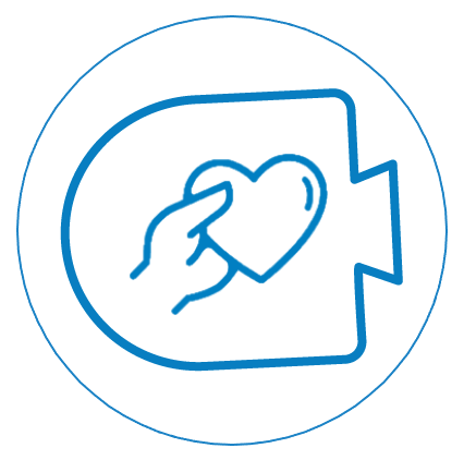 A blue outline of a heart being held by a hand inside a speech bubble, symbolizing care or love.