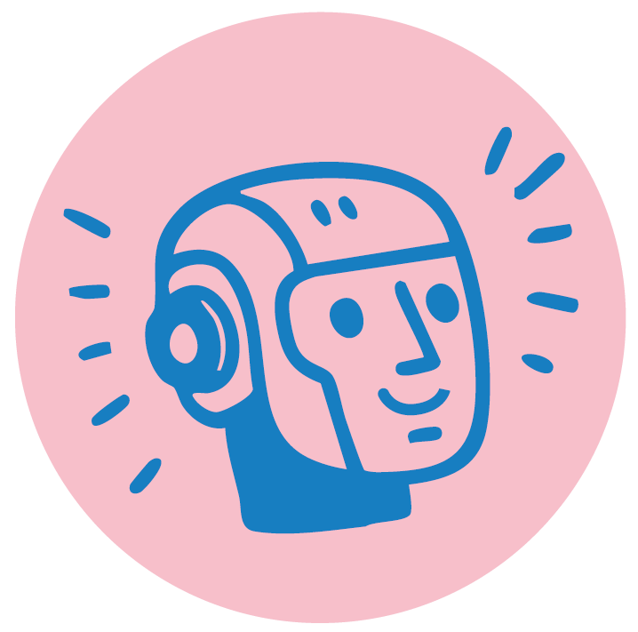 A cartoon illustration of a person's head with headphones, smiling, on a pink circular background, with lines indicating sound or enjoyment.