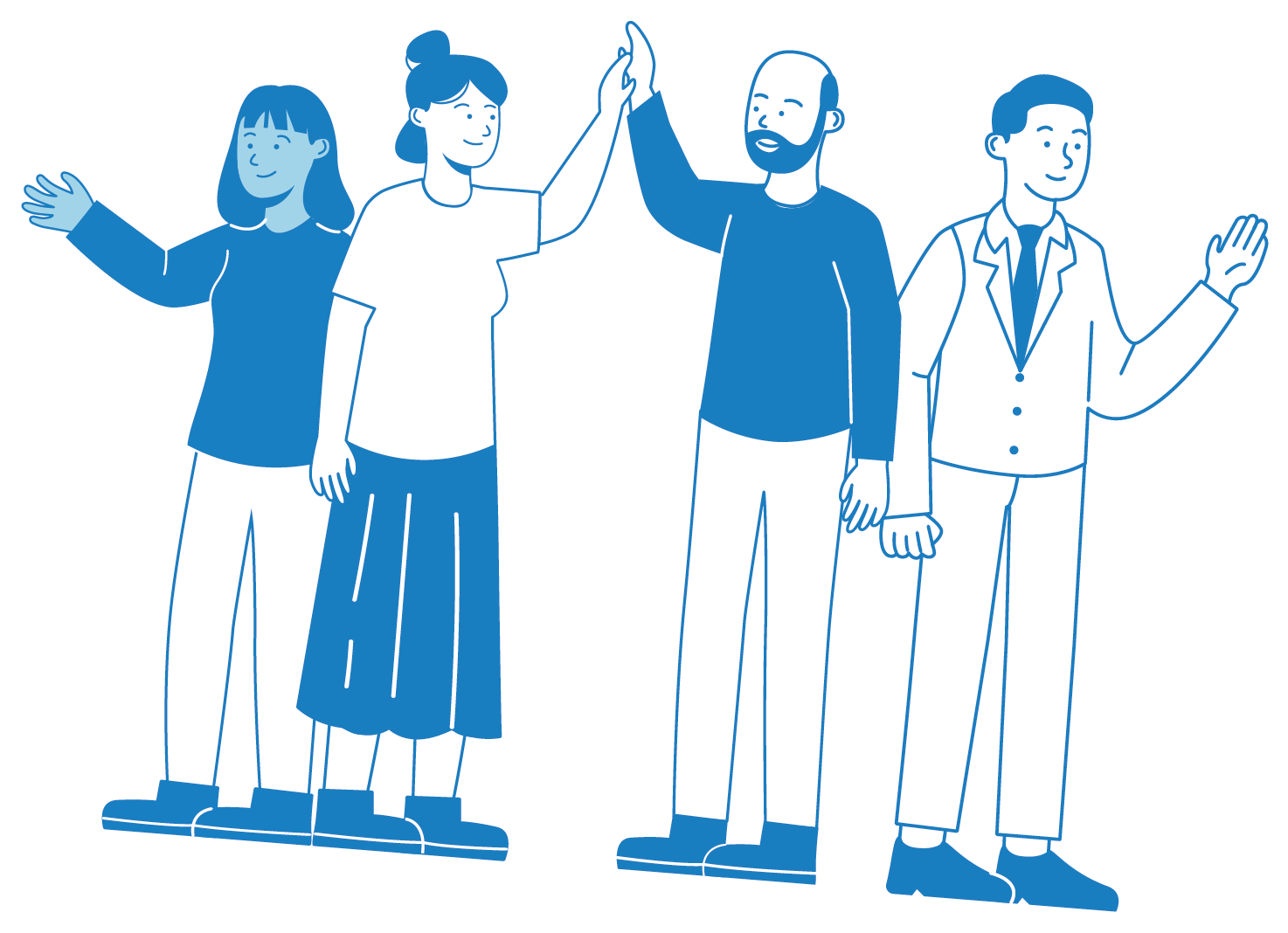 Illustration of four diverse people standing together, high-fiving, and waving, with one person dressed as a doctor, symbolizing teamwork and celebration.