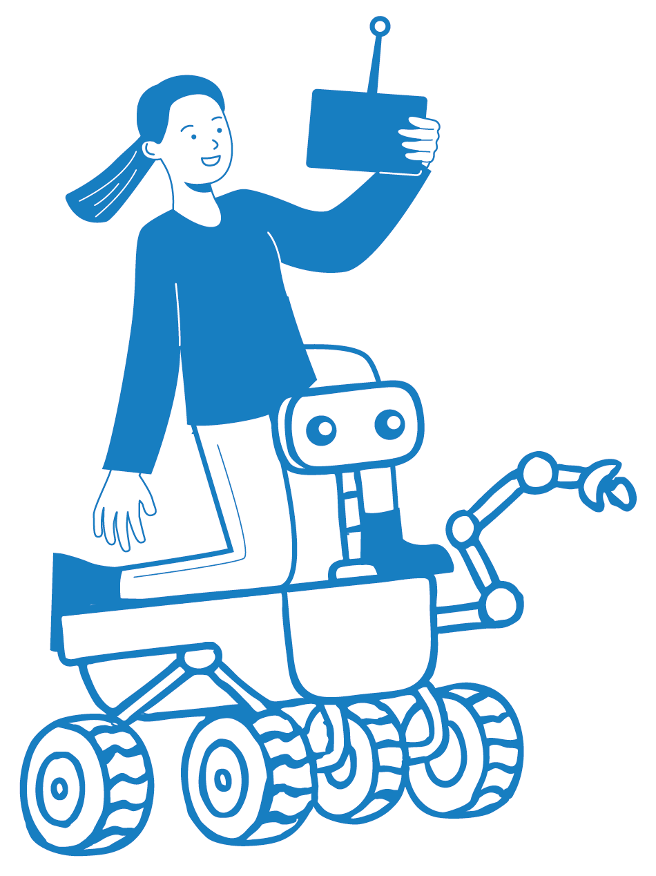 Illustration of a young person with long hair, sitting on a rover-like robot vehicle, taking a selfie with a remote. The robot has a camera-like face and track wheels.