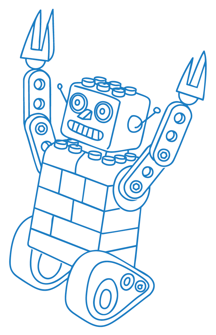Line drawing of a robot made of bricks with a square head, circular eyes, and a wide mouth, raising its arms with hands in a claw shape.
