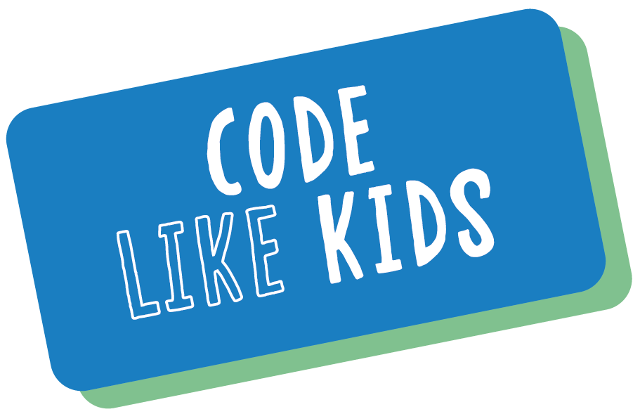 A folded blue note card with the phrase 'Code Like Kids' written in white text, and a green backing visible underneath.