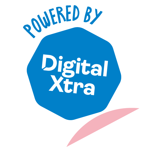 A white circular badge with a blue hexagon in the center that has the text "Digital Xtra". The top part of the badge has the text "Powered by" in blue, and a small pink curved element appears at the bottom edge.
