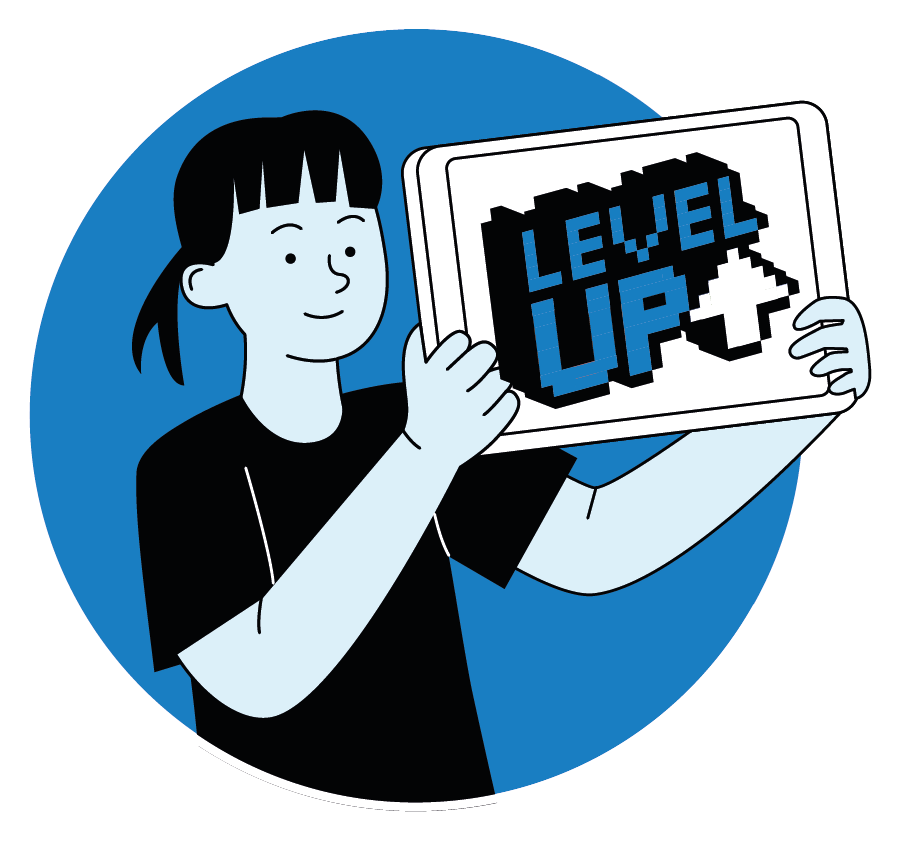 A person holding a digital tablet displaying 'Level Up' with an upward arrow.