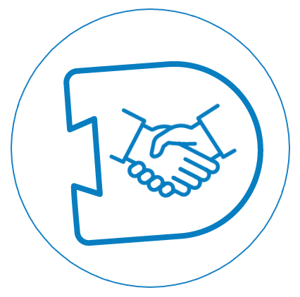 Icon of two hands shaking inside a speech bubble.