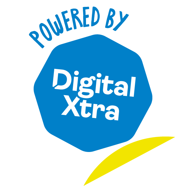 Logo with blue hexagon containing white text 'Digital Xtra' and blue text 'Powered by' above, with a yellow accent in the bottom right corner.